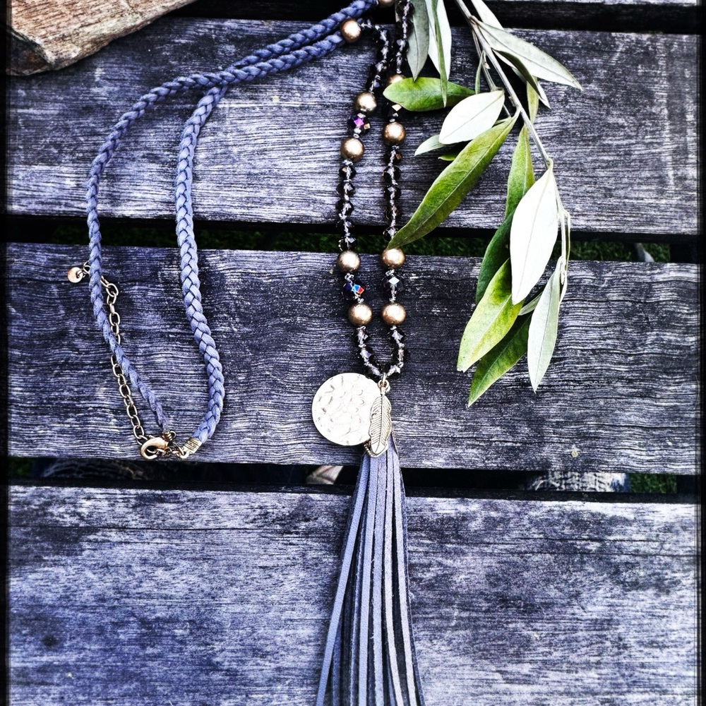 Gold Coin & Leaf Pendant Tassel Necklace with braided gray suede